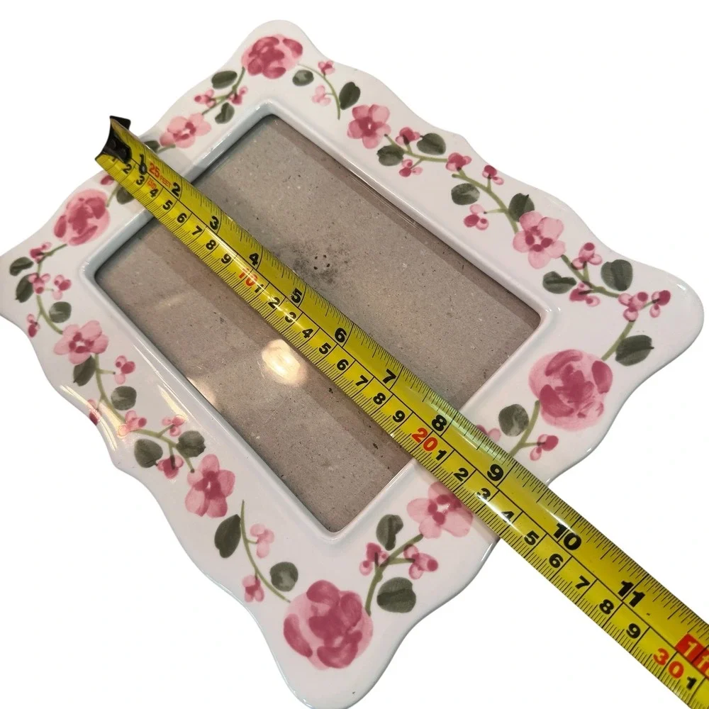 Vintage Ceramic Floral Picture Frame Pink Roses Scalloped Edge 5x7 Photo 1990s